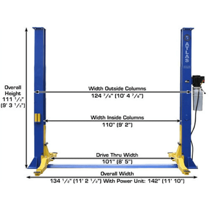 Atlas Baseplate 2-Post Lift – 9000 lb. Capacity (9KBPX) full front view with labeled overall height, width, and drive-thru dimensions