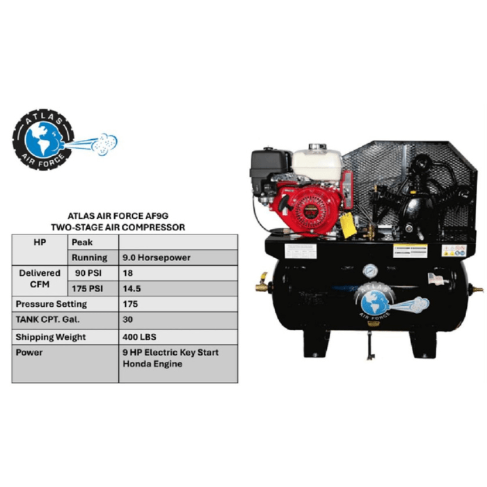 Atlas Equipment Air Force Gas 9HP 30 Gallon Air Compressor (AF9G) with Honda engine, two-stage system, and performance specs for PSI, CFM, and tank capacity.