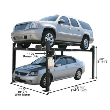 Atlas Garage PRO8000 Four-Post Lift shown with dual vehicles stacked—highlighting its space-saving design, 8,000 lb. lifting capacity, and 110V power unit for easy plug-and-play operation.