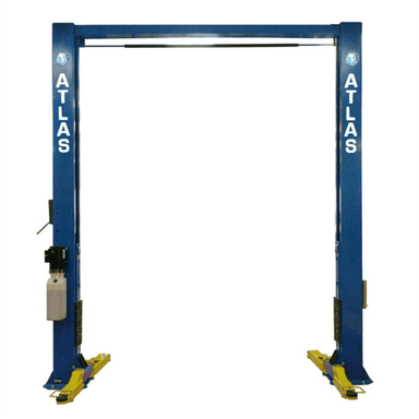 Atlas OHX10000X 10,000 lb overhead 2-post lift pictured with arms lowered and no vehicle loaded, showcasing its extra-tall frame and open access design.