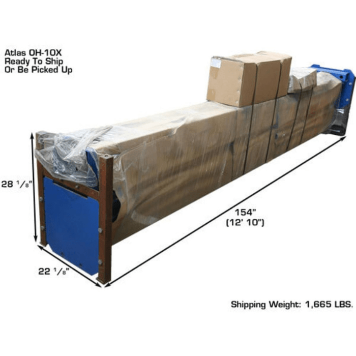 Atlas OHX10000X overhead two-post lift packaged and palletized for freight delivery, showing full shipping dimensions and boxed components.