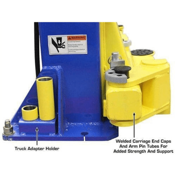 Atlas Overhead 2-Post Lift – 9000 lb. Capacity (9KOHX) close-up of base with truck adapter holder and welded carriage end caps for added strength