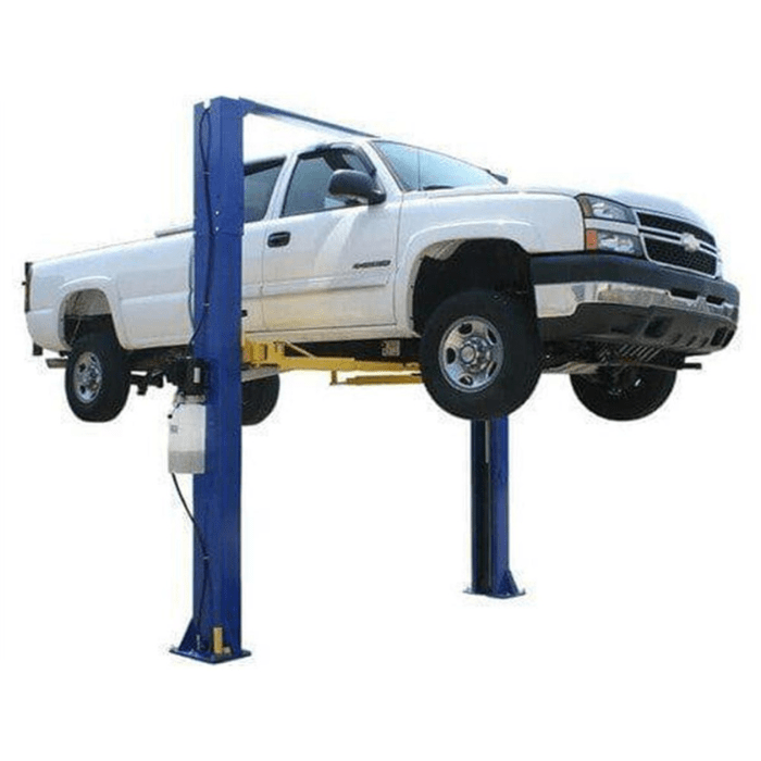Atlas Overhead 2-Post Lift – 9000 lb. Capacity (9KOHX) lifting a white pickup truck for underbody inspection and service
