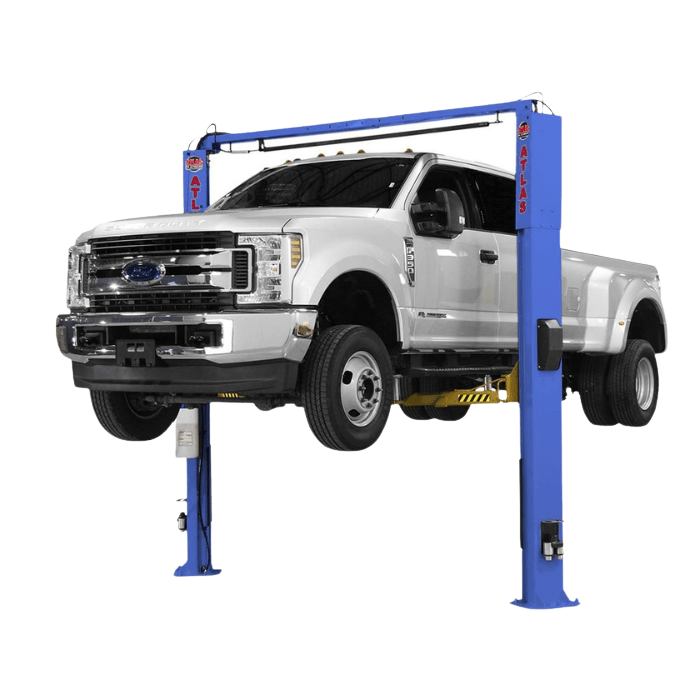 Atlas PVL10 10000lb ALI Certified Overhead Two Post Lift front view with white pickup truck elevated using yellow arms