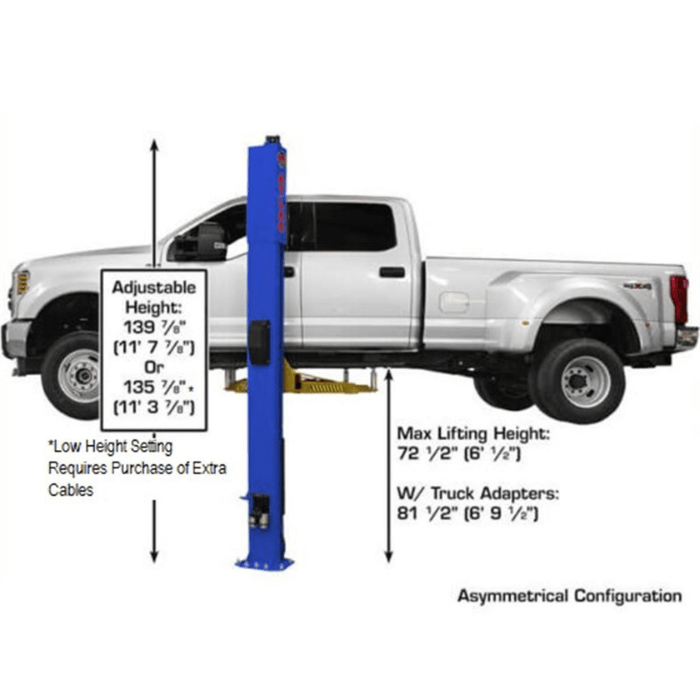 Atlas PVL10 10000lb ALI Certified Overhead Two Post Lift side profile showing max lifting height and adjustable column settings