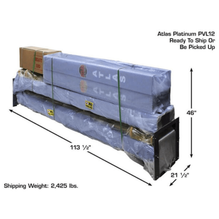 Atlas PVL12 2-post lift securely packaged for freight shipment or warehouse pickup—measuring over 113 inches in length and weighing 2,425 lbs.
