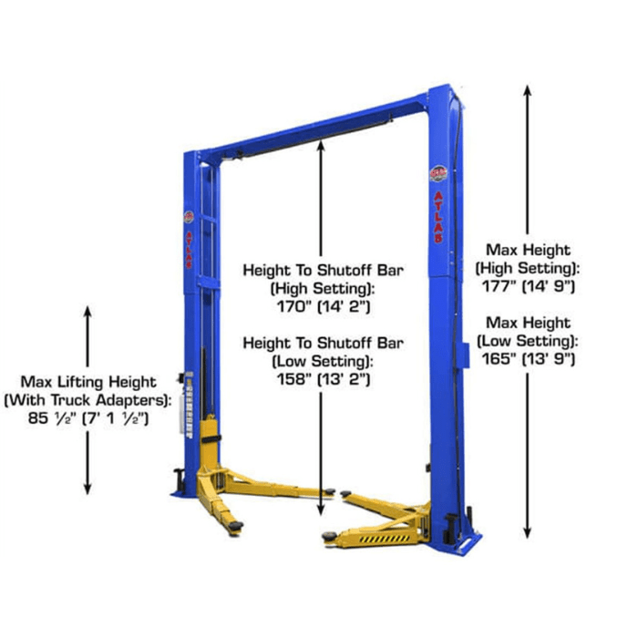Atlas PVL12 lift displayed with extended arms and height markings, detailing max lift height, shutoff bar clearance, and column options for both high and low post configurations.