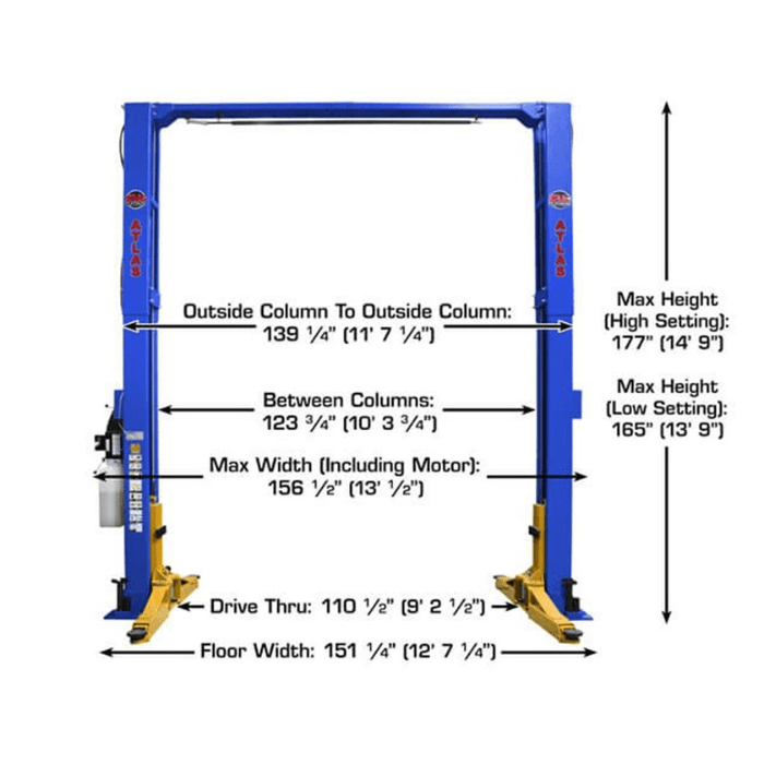 Atlas PVL12 overhead lift shown with full dimensional callouts, including drive-thru width, overall height, and column spacing for precise garage planning.
