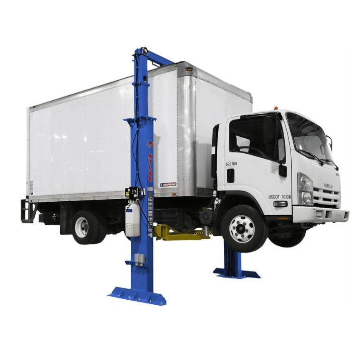 Atlas PVL15 overhead 2-post lift shown elevating a medium-duty box truck, demonstrating its robust 15,000 lb lifting capacity and commercial-grade construction.