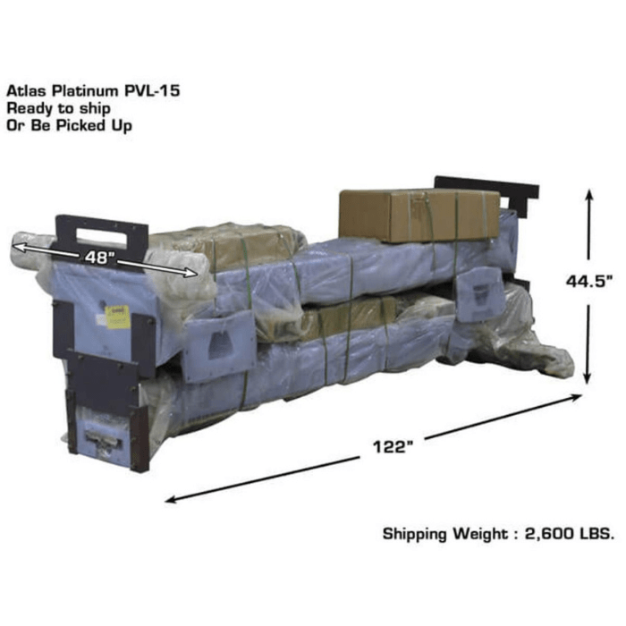 Atlas PVL15 packaged and palletized for shipment or warehouse pickup, highlighting its secured freight-ready frame and commercial-grade components.
