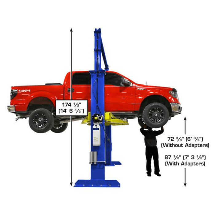 Atlas PVL15 shown lifting a lifted full-size pickup, illustrating its high-clearance capabilities and extended lifting height with and without adapters.