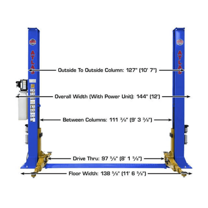 Atlas PVL9BP 9000lb ALI Certified Baseplate Two-Post Lift shown from the front, with annotated width dimensions including column spacing, drive-thru clearance, and total footprint.