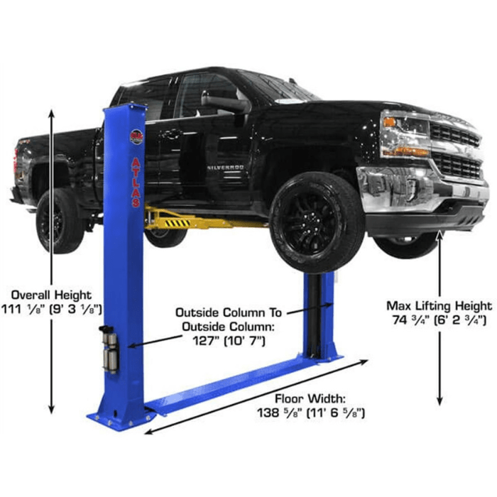Atlas PVL9BP Auto Lift raising a black Silverado, with detailed callouts highlighting lift height, column spacing, and floor width.