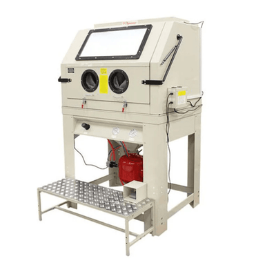 Atlas Pressurized Large Sandblast Cabinet with Vacuum (PSBC990) – front view showing large viewing window, dual glove ports, foot pedal, and pressurized tank beneath workbench.
