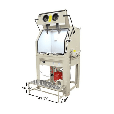 Atlas Pressurized Large Sandblast Cabinet with Vacuum (PSBC990) – interior view with dimensions labeled for work area and platform, showing glove ports, switch panel, and step-up platform.