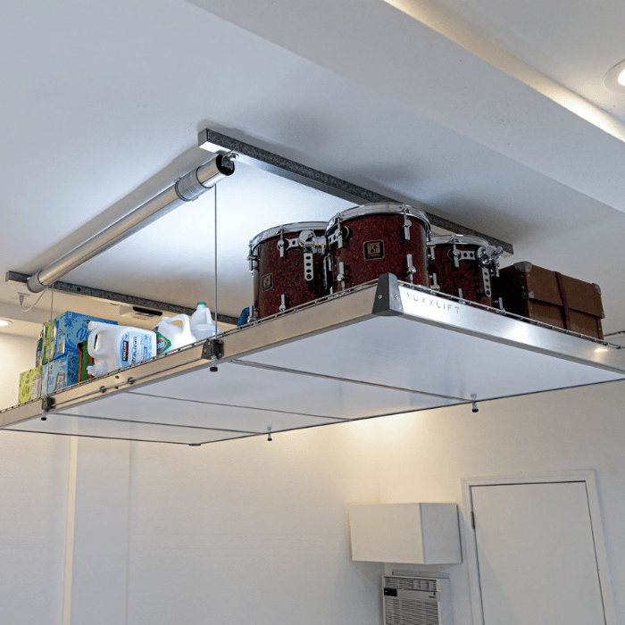 AuxxLift storage lift with drums and detergents