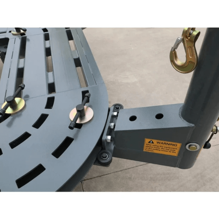 Base connection and pulling tower joint on the Katool KT-198L Professional-Grade Auto Body Frame Machine with adjustable anchor points