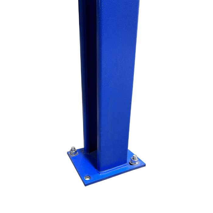 Base of a blue steel column secured with bolts to the ground on a 4-post vehicle lift.