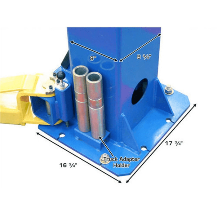 Base of the Atlas 9OHSC-SS 9000lb Overhead 2-Post Lift showing truck adapter holders and detailed base plate measurements