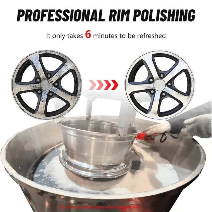 Before and after polishing results using the Katool KT-RPM80 Professional Rim Polishing Machine, highlighting a 6-minute restoration cycle for aluminum alloy wheels.
