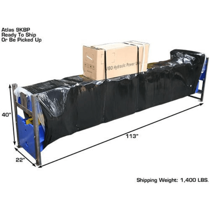 Benefits of the Atlas 9KBPX Auto Lift shown packed and ready to ship with labeled freight dimensions and 1,400 lb. shipping weight