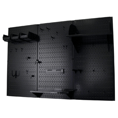 Black 4ft Premium Metal Pegboard with black accessories and no tools front right side view