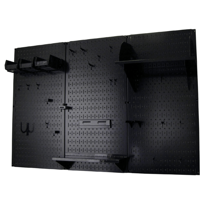 Black 4ft Premium Metal Pegboard with black accessories and no tools front right side view
