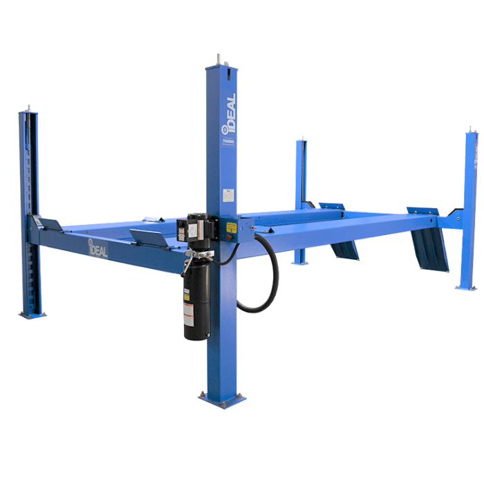 Blue iDEAL FP14KC-X 4-post lift shown empty with wide runways and power unit attached.