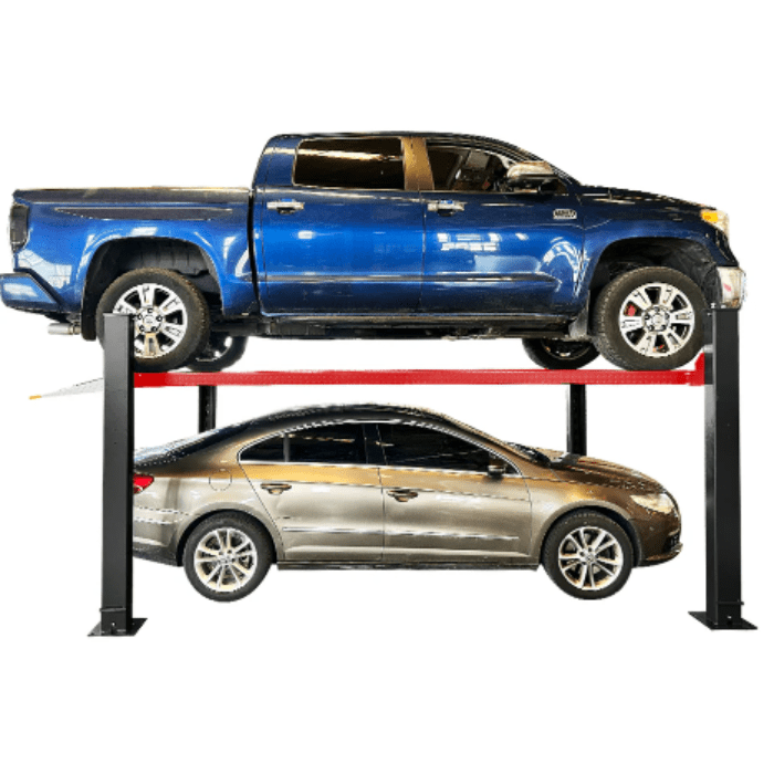 Blue pickup truck parked above a sedan on the Katool KT-4H950 9,500 lb 4 post storage lift.