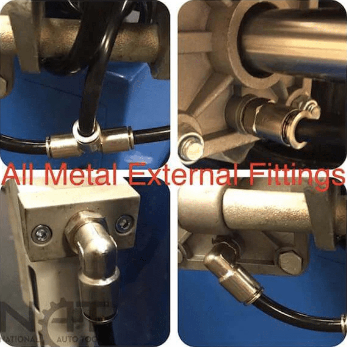Close-up collage of the Triumph NTC-950 Tire Changer Machine’s metal external fittings for reliable air and fluid connections.