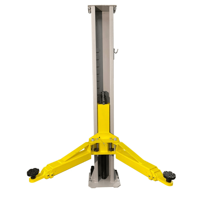 Close-up of a single column on the Triumph C7000 Portable Two Post Lift featuring dual yellow lift arms and internal chain-driven lifting mechanism.