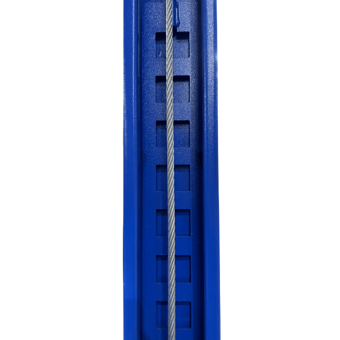 Close-up of a vertical blue steel post with safety lock notches and a heavy-duty cable of a 4-post car lift.