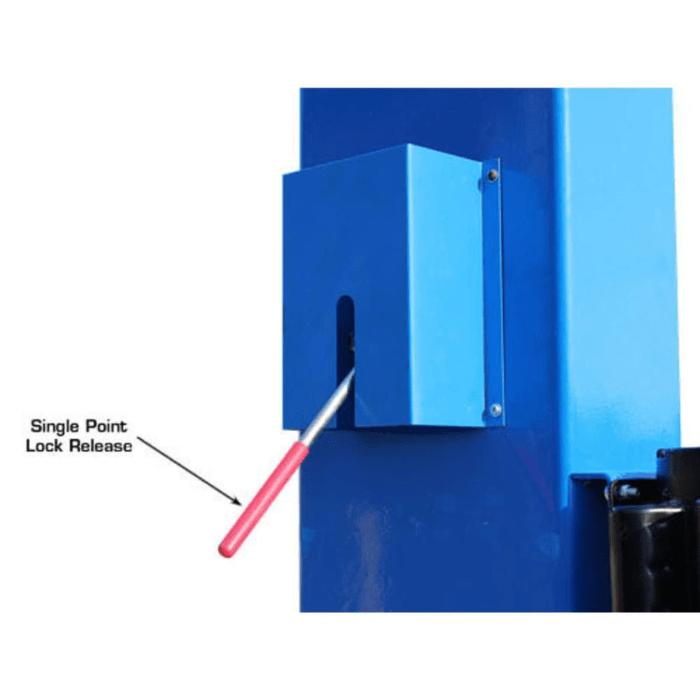 Close-up of the Atlas BP12000X single-point lock release lever, designed for synchronized unlocking across both lift columns.