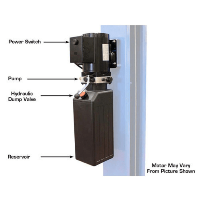 Close-up of the Atlas OHX10000X lift’s hydraulic power unit assembly, featuring labeled components including the power switch, pump, dump valve, and fluid reservoir.