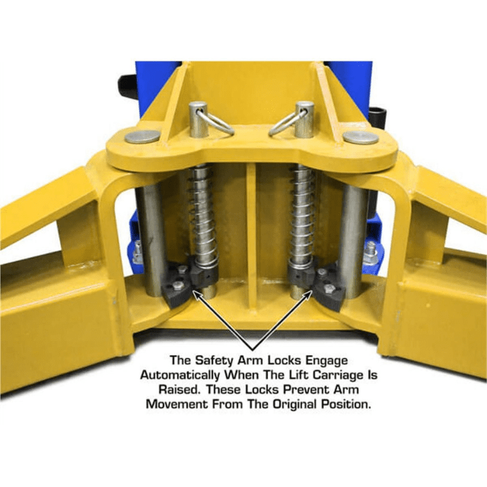 Close-up of the Atlas PVL12’s dual safety arm locks, which engage automatically during lifting to ensure arms remain securely in place throughout operation.