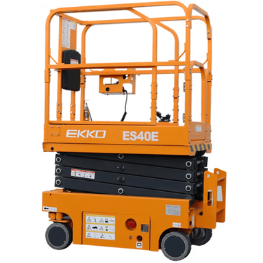 Close-up of the Ekko ES40E scissor lift in stowed position, highlighting platform guardrails and drive wheels