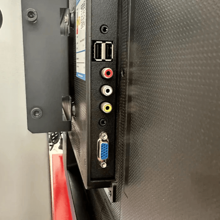 Close-up of the Katool KT-AV533 alignment machine’s monitor ports, including USB, RCA, and VGA connections for external devices.