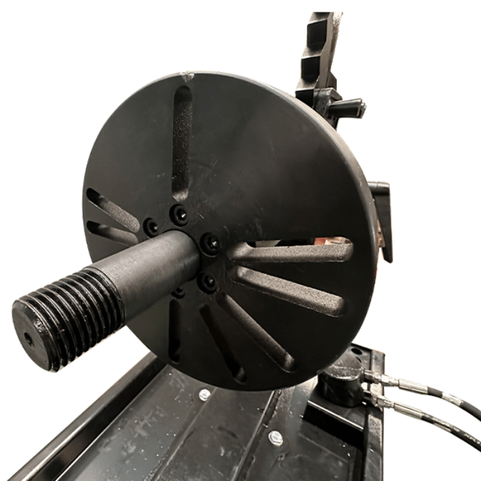 Close-up of the Katool KT-WL69 Rim Straightening Machine’s spindle and mounting disc, used for secure wheel alignment during repair.