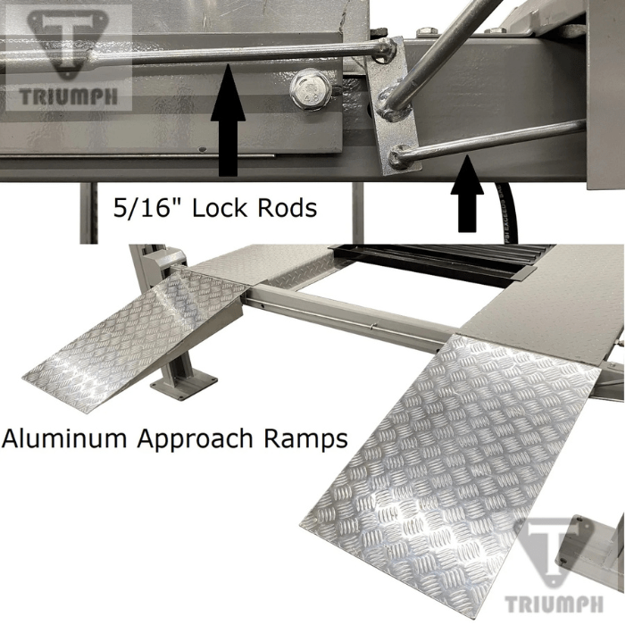 Close-up of the NSS-8 Classic Lift showing its 5 dash 16  inch lock rods for secure platform locking and lightweight aluminum approach ramps for easier vehicle loading.