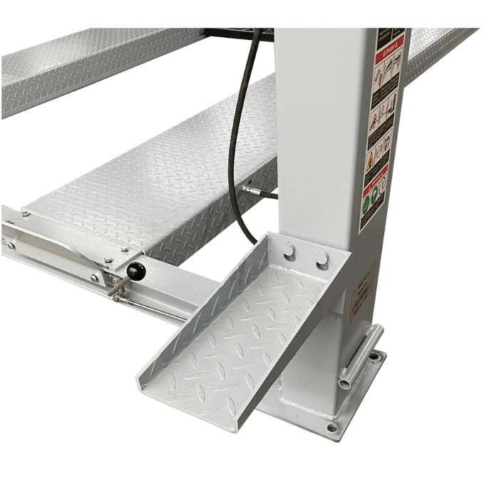 Close-up of the Triumph NSS-11 11,000 lb Four-Post Overhead Car Lift’s steel column with a diamond-plate tray attached, providing convenient storage and easy access.