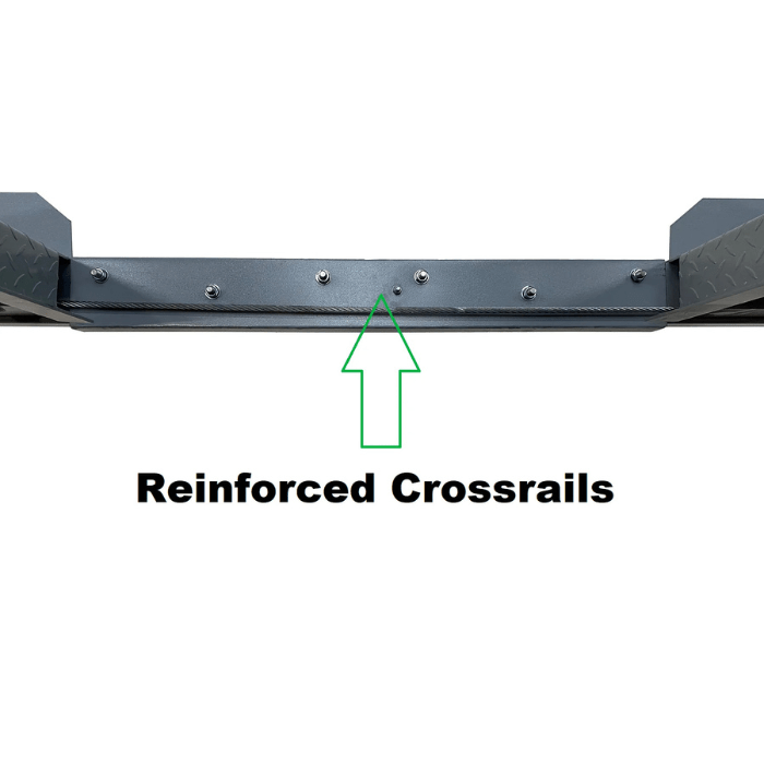 Close-up of the Triumph NSS8X-1 Four-Post Vehicle Lift’s reinforced crossrails for enhanced structural stability.