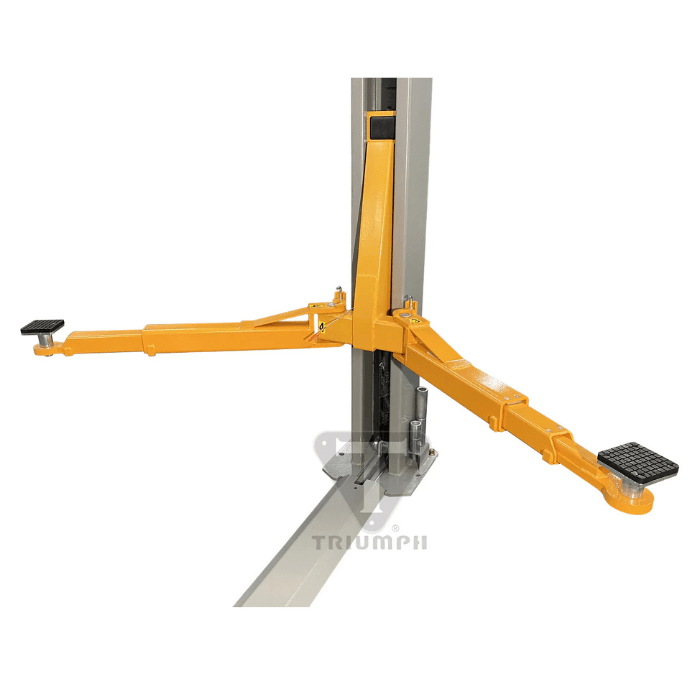 Close-up of the Triumph NT-11 11,000 lb Two-Post Car Lift's asymmetric arm setup, highlighting its reinforced structure, slip-resistant pads, and rugged column design for reliable vehicle lifting.