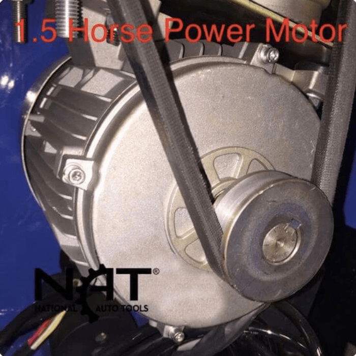 Close-up of the Triumph NTC-950 Wheel Changer’s 1.5 HP motor with belt-driven pulley system for powerful tire service operations.