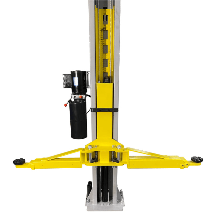Close-up of the Triumph NTO-10A Vehicle Lift post showcasing the chain-driven column, electric motor, and reinforced yellow lift arms for heavy-duty performance.