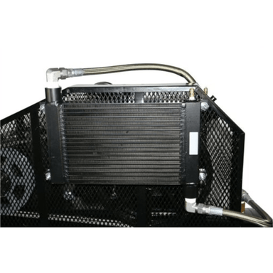 Close-up of the aftercooler on the Atlas AF9P 120-Gallon Air Compressor, designed to reduce moisture and enhance air quality during operation.