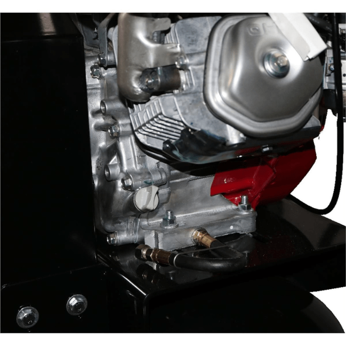Close-up of the engine block and hose connections on the Atlas AF9G 30-Gallon Air Compressor, highlighting build quality and component layout.
