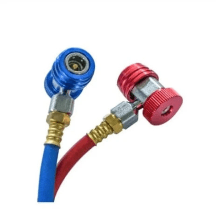 Close-up of the red and blue service hose couplers included with the Katool KT-AC2100 Dual A-C Machine.