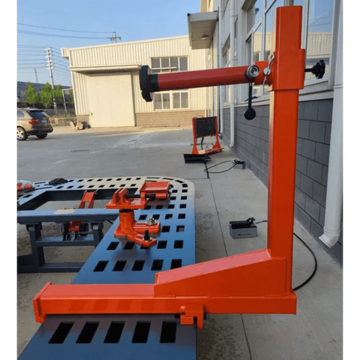 Close-up side view of pulling tower attachment on the Katool KT-299U Auto Body Frame Machine with mounted clamps