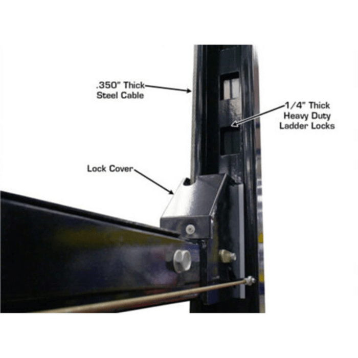 Close-up view of the Atlas PRO8000’s heavy-duty locking mechanism, showcasing the .350 steel cable, 1 dash 4 inch thick ladder locks, and protective lock cover that ensure secure vehicle positioning during elevation.