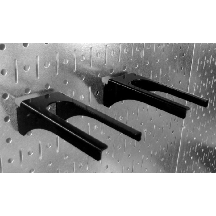 Close-up of the Pro-Grade Pegboard Organizer Kit by Wall Control handle brackets in black